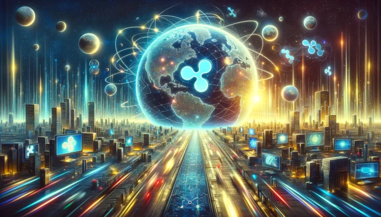 A dynamic visualization of Ripple's transformative influence on global payments, showcasing streams of digital light that crisscross the globe.