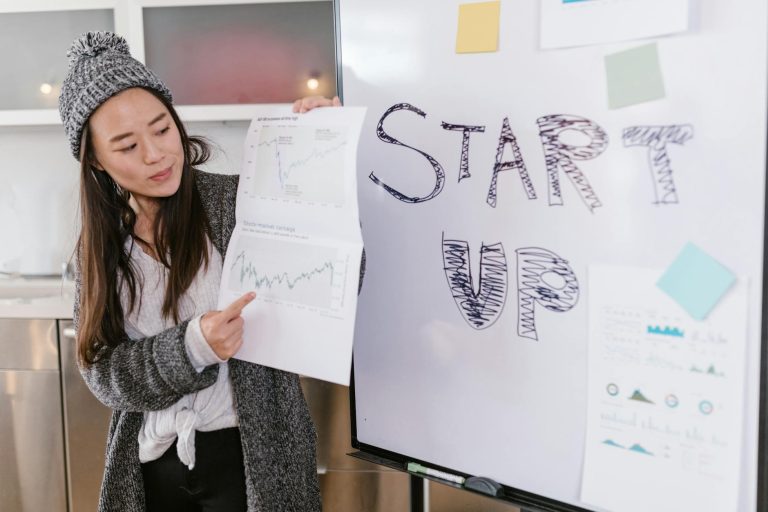 Female founder presenting business proposal to investors