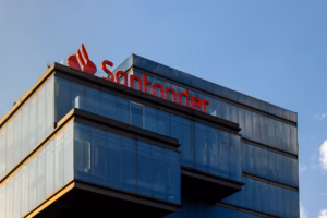 Exterior of a large corporate bank headquarters with glass facade