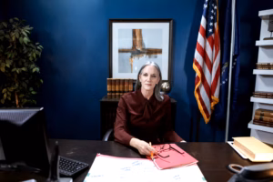 Woman city manager at desk in modern municipal building