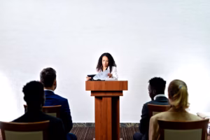A confident African woman presenting at a podium with a diverse audience in the background