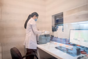 A female researcher works at a lab bench with scientific instruments and notes
