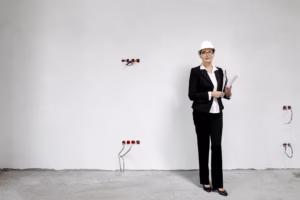 A woman executive stands confidently in a professional setting