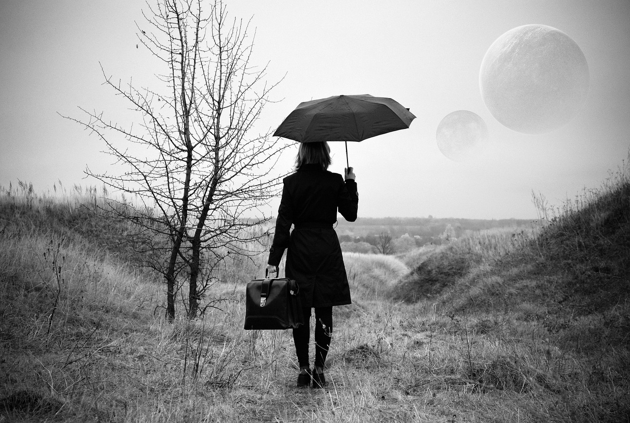 woman, mysterious, traveler, only, women, umbrella, gloomy, countryside, outdoors, moon, fantasy, photo montage, black and white, planet, space, universe, surrealism, mysteriously, a parallel world, women, women, umbrella, umbrella, umbrella, umbrella, umbrella, moon, surrealism