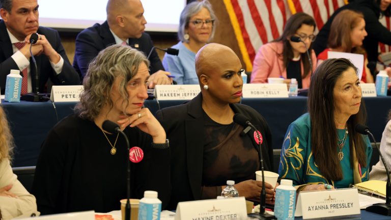 DWC Members Unveil Bills On Childcare, Pay And Business 1 Democratic Women’s Caucus members seated with microphones at a meeting