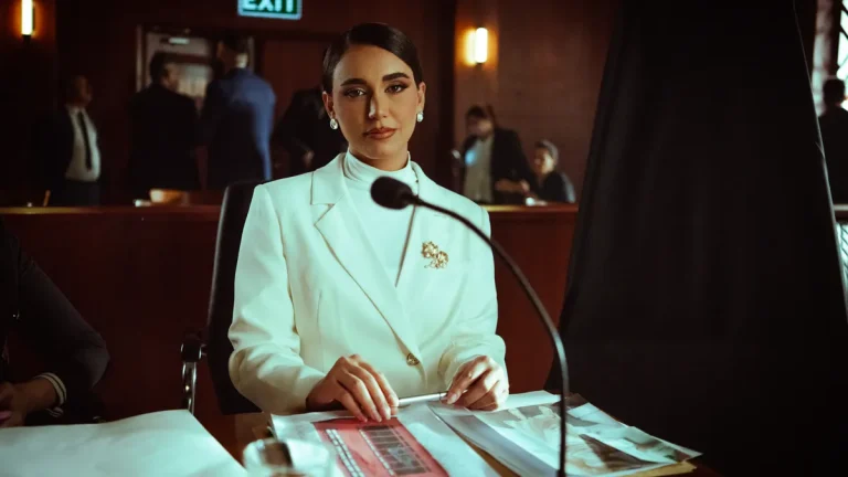 Woman Found Dead After Workplace Injury Claim Stress 2 A poised woman in a white suit sits confidently in a courtroom setting, Baghdad