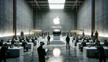 A stark depiction of a futuristic VR headset display, symbolizing the underwhelming response from app developers to Apple's Vision Pro.