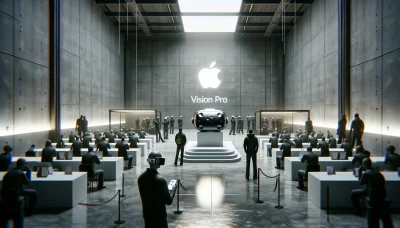 A stark depiction of a futuristic VR headset display, symbolizing the underwhelming response from app developers to Apple's Vision Pro.