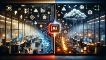 A visual dichotomy of innovation and risk in AI workplace integration.