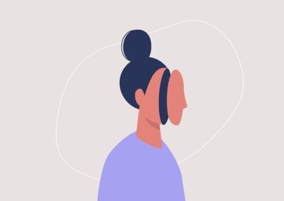 Young female character taking off a mask, mental health problems, detachment and depression