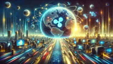 A dynamic visualization of Ripple's transformative influence on global payments, showcasing streams of digital light that crisscross the globe.