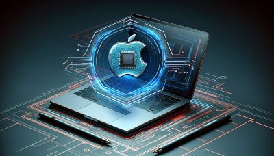 Generate Featured image: [Article Title]: Repair at Your Fingertips: Apple Extends Self-Service to M3 Chip Macs [Desired Impact/Message]: Apple technology launching self-service repair to their laptops [Key Visual Element]: Apple technology logo, macbook/laptop, selfservice repair via chip [Additional Instructions]: - DO NOT ADD TEXT ON THE IMAGE - NO BEZEL